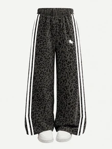 青少年女孩休閒豹紋側條紋運動長褲，返校季 - 彩色 - 查看 3