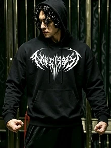 GymBeat Men's Gothic Print Long Sleeve Pocket Drawstring Hooded Sweatshirt, Gym - Black - View 1