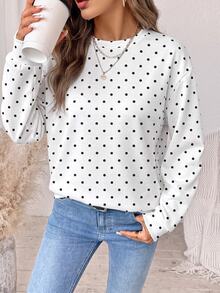SHEIN LUNE 女款圓點印花圓領長袖休閒運動衫 - 白色 - 查看 4