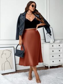 Comfylo Plus Size Women Solid Color Casual Versatile Daily Wear Skirt - Redwood - View 3