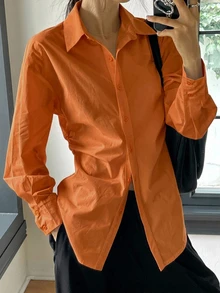 DAZY 秋季商務休閒收腰翻領女式襯衫長袖上衣 感恩節辦公工作穿搭 焦橙色 - 橘色 - 查看 5