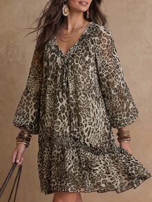 Solivie Women's Leopard Print V-Neck Lantern Sleeve Ruffle Hem Fashion Dress - Multicolor - View 4