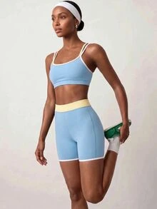 Zivah 女款短版背心與短褲運動服套裝，健身運動休閒穿搭，適合秋季 - 淺藍色 - 查看 6
