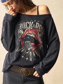 Bohemela Women's Autumn Casual Red Lip Print Asymmetric Collar Sweatshirt - Black - View 3