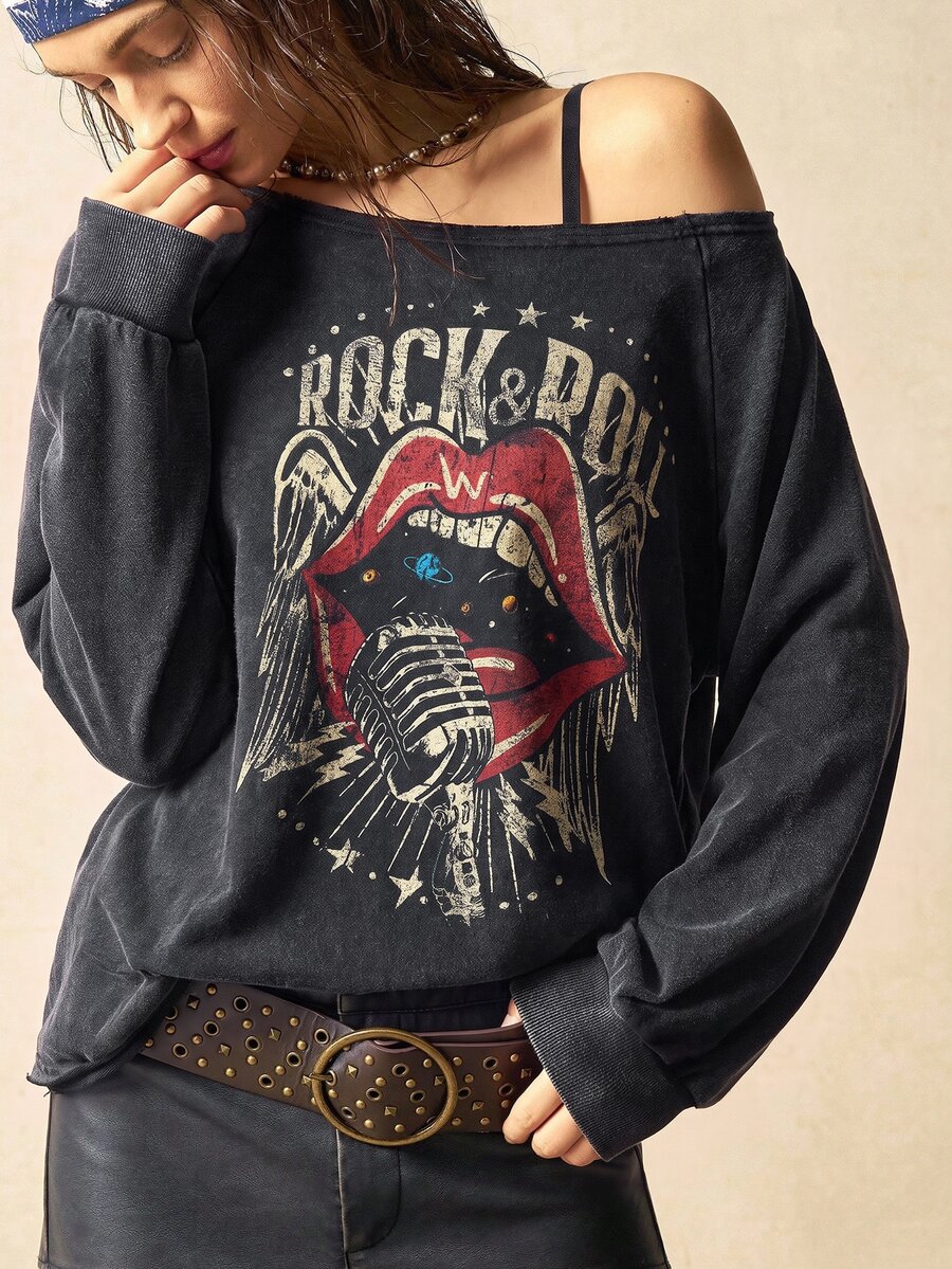 Bohemela Women's Autumn Casual Red Lip Print Asymmetric Collar Sweatshirt - Black - View 1