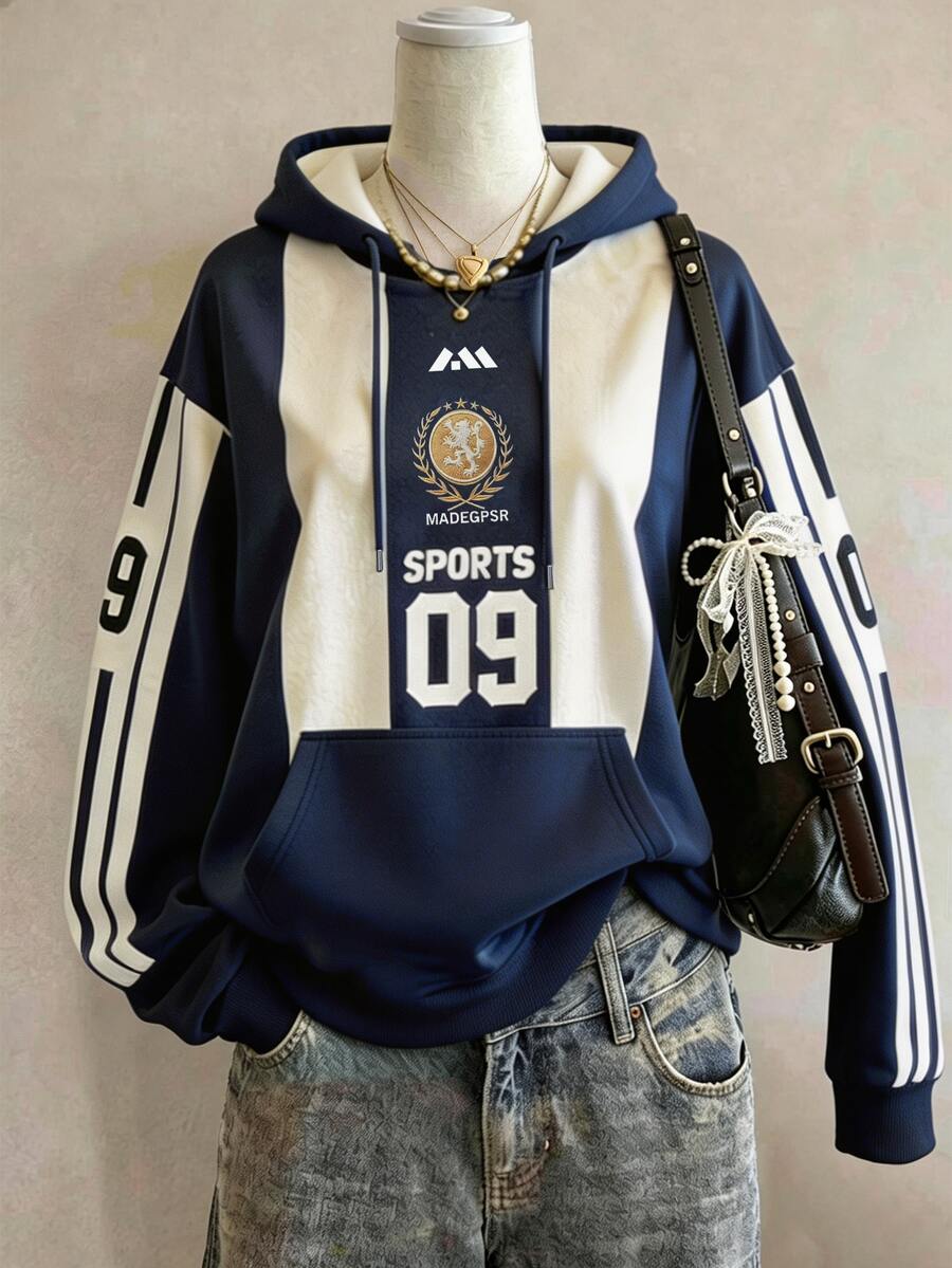 Lalippa 運動風字母圖案數位印花時尚極簡女款秋冬常規版型連帽長袖運動衫，送給朋友的禮物 - 彩色 - 查看 1