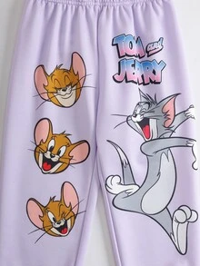 TOM & JERRY X SHEIN طقم هودي وبنطال رياضي بطبعة كرتونية للبنات الصغيرات - الأرجواني - مشاهدة 4
