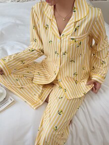 Napfluff Set Piyama Wanita Motif Garis-garis Lemon dengan Kerah Terbuka di Bagian Depan - Kuning - View 7