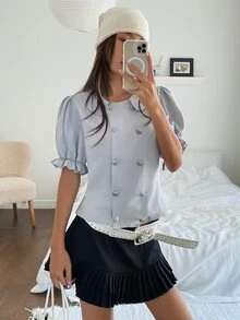 K-Vae Kemeja Pendek Wanita Gaya Korea Segar Warna Abu-Biru Muda Berkerah Model Vintage Kancing Ganda dengan Lengan Berlipit dan Rumbai - MultiWarna - View 7