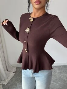 Modelyn Women's Solid Color Metal Decor Casual Versatile Daily Wear Long Sleeve Sweater - Coffee Brown - View 5
