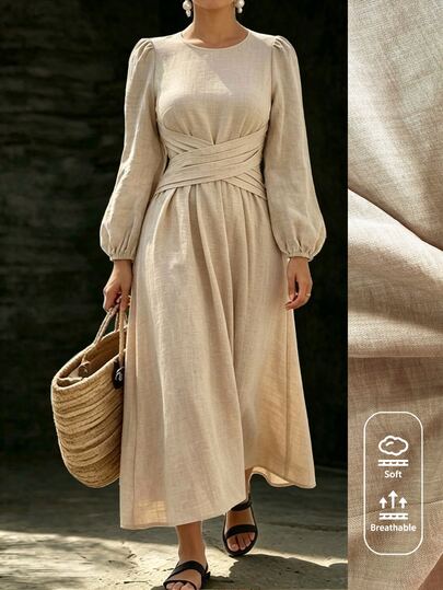 Linhara CURVE Autumn New Waist-Cinching Design Dress For Women, Loose Fit Slimming Versatile Long Casual Elegant Dress, Plus Size