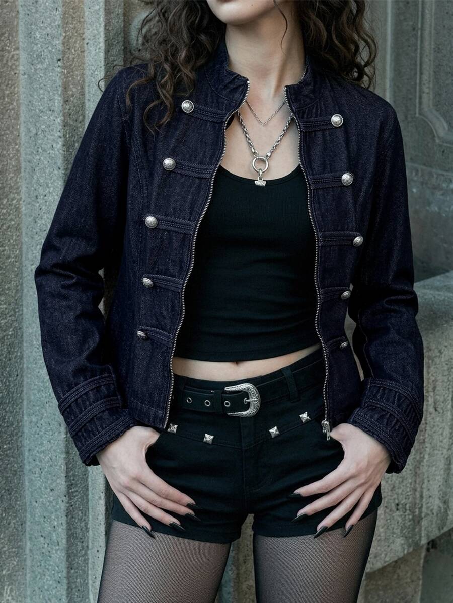 DAZY Women's Elegant Small Stand Collar Denim Jacket And Coat Fall - Dark Wash - View 1