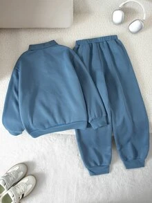 SHEIN 2pcs Tween Boys Gray-Blue Sporty Fashion Casual POLO Sweatshirt And Pants Set - Blue - View 2