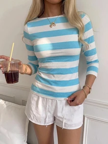 CovetEZ 95%棉女款休閒七分袖修身T恤，薄荷藍條紋，女款秋冬服飾 - 彩色 - 查看 6