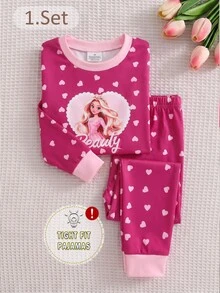 2pcs/Set Young Girls Pajamas Cute Princess Print Long Sleeve Long Pants Knit Snug Fit Sleepwear Loungewear Set - Pink - View 3