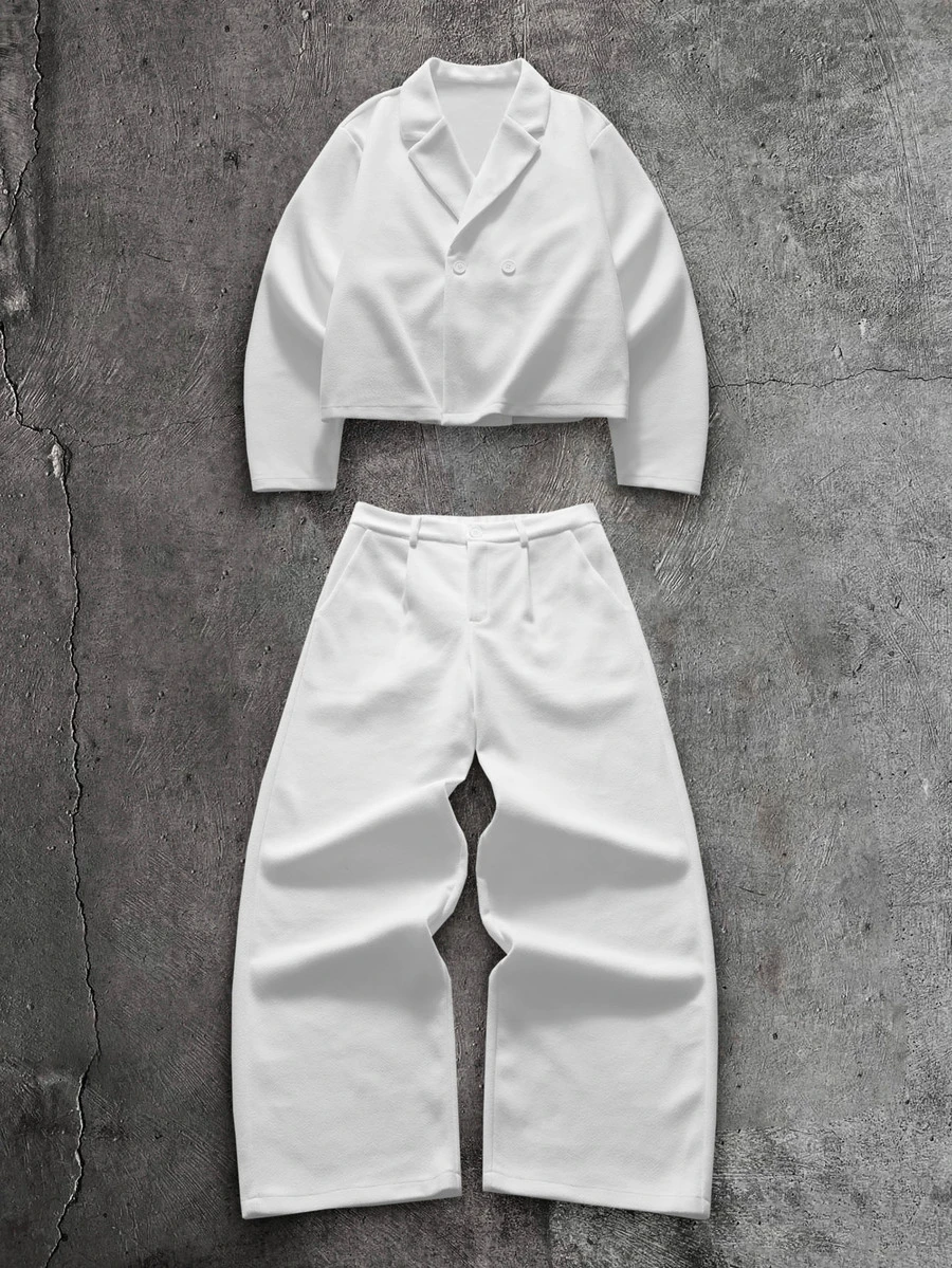 AXEPEAK Men's Solid Color Double-Breasted Long Sleeve Shirt And Pants Casual Set - White - View 1