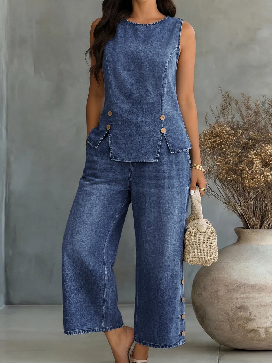EMERY ROSE EMERY ROSE Plus Size Button Asymmetrical Hem Tank Top And Loose 3/4 Length Pants With Pockets Denim 2 Pieces Set
