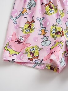 SpongeBob SquarePants | SHEIN 女童卡通印花短袖上衣與短褲居家休閒套裝 - 彩色 - 查看 7