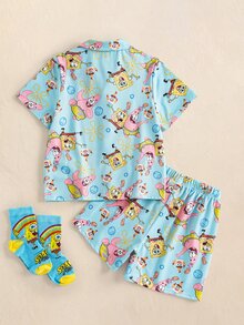 SpongeBob SquarePants | SHEIN Young Boy Cartoon Print Short Sleeve Top And Shorts Casual Daily Home Pajama Set - Blue - View 2