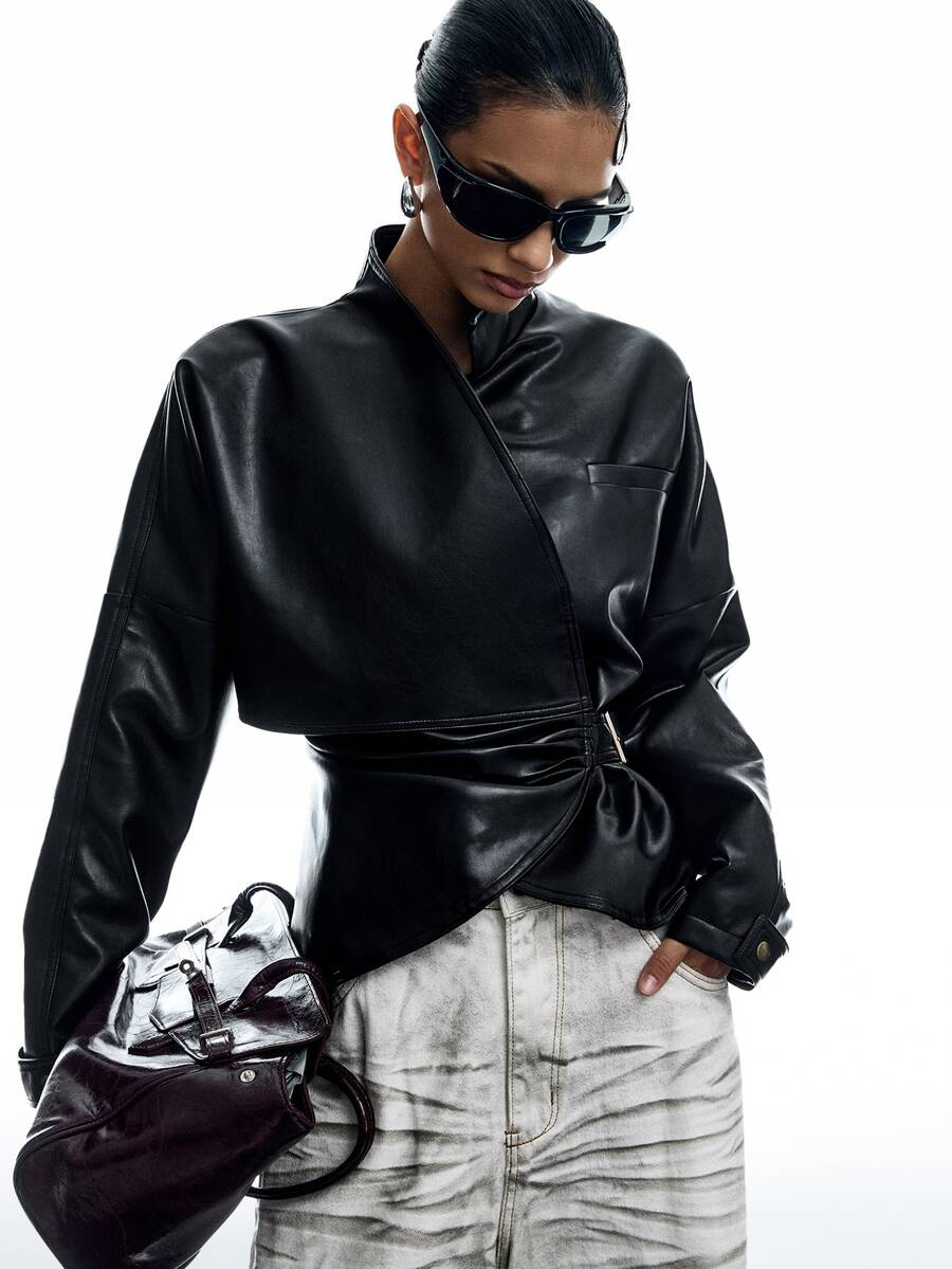 LYSMO Women's Autumn/Winter New Solid Color PU Leather Long Sleeve Pleated Fashion Jacket - Black - View 1
