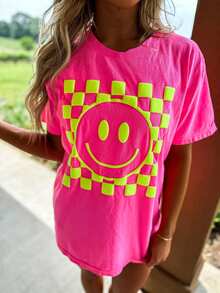 DrmWander Plus Size Women's Smiling Face Graphic Casual Short Sleeve T-Shirt For Daily Wear - Hot Pink - View 3