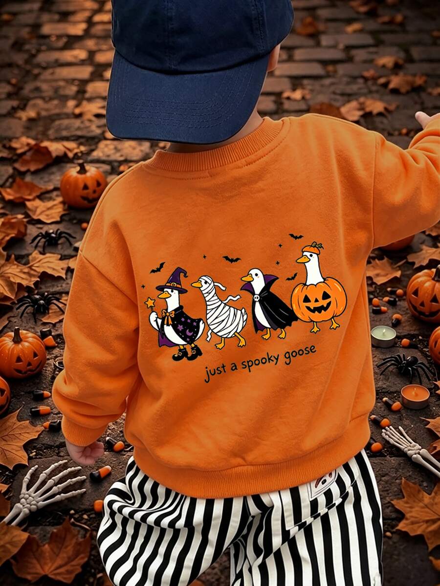 Young Boy Long Sleeve Crew Neck Sweatshirt With Cartoon Pattern, Suitable For All Seasons,Halloween ,Fall Tops - Multicolor - View 1