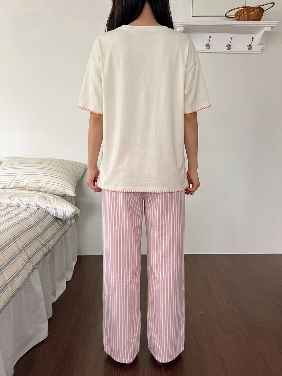 Women's Bow Print Short Sleeve Top And Striped Long Pants Pajama Set