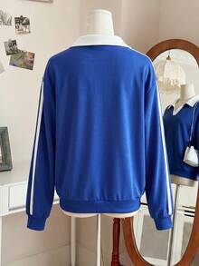 INAWLY Women's Minimalist Striped Contrast Color Long Sleeve Casual Sweatshirt - Blue - View 2