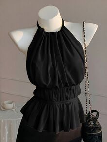 SHEIN EZwear 春夏女款黃色抓皺掛脖收腰露背綁帶背心上衣 - 黑色 - 查看 5