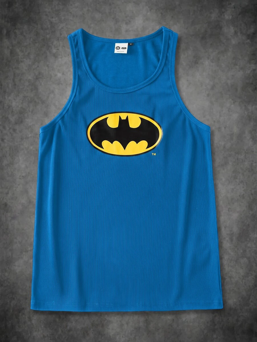 BATMAN X SHEIN Men's Cartoon Pattern Print Tank Top For Daily Wear - Blue - View 1