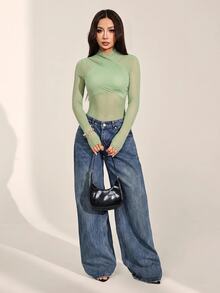 SHEIN PETITE 女款性感純色網紗包覆式連身衣，透視長袖 - 薄荷綠 - 查看 5