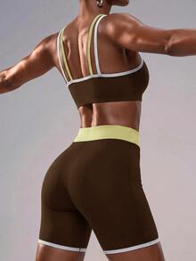 Zivah Women's Contrast Trim Cropped Camisole Tank Top & Shorts Sportswear Set Gym Workout Activewear Outfit For Autumn - Brown - View 11