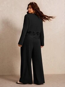 Elaquor Plus Size Autumn Casual Solid Color Lace Patchwork Top And Pants 2 Pieces Set Winter - Black - View 2
