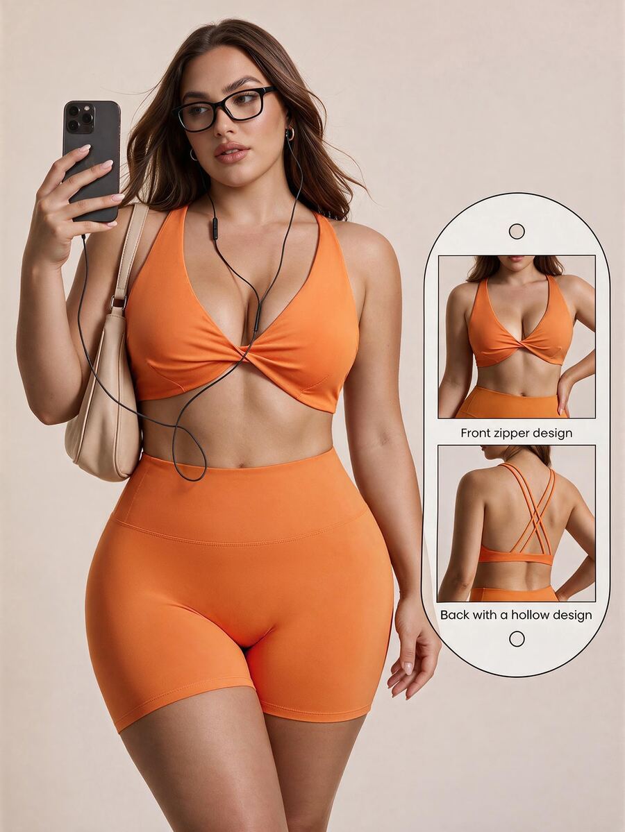 SHEIN Rhythm Era Tank Top Wanita Plus Size dengan Simpul Depan dan Kerutan Gaya Sporty Cowgirl Kawaii untuk Pilates dan Gym, Oranye Terbakar, Musim Panas - Jeruk - View 1