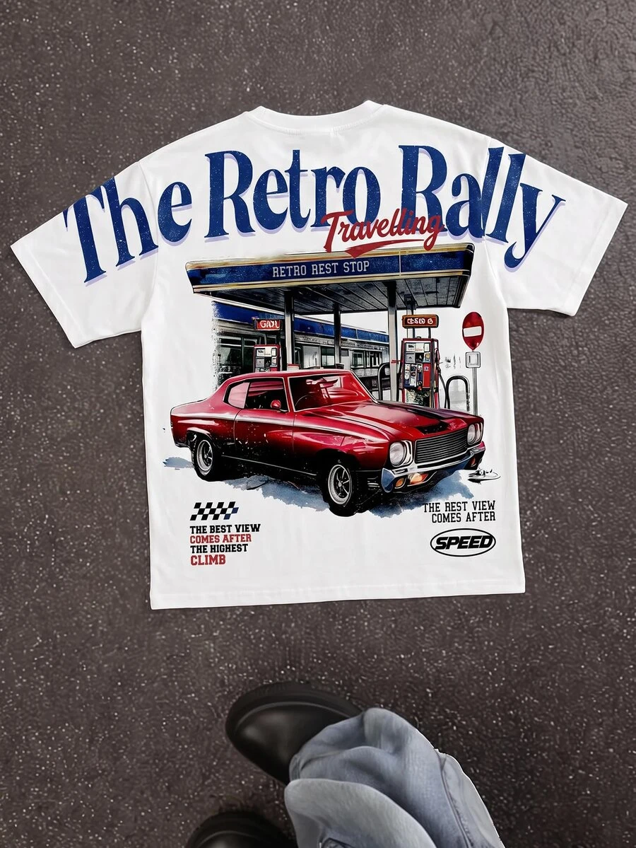 Tween Boy Casual Comfortable Fashion Minimalist Crew Neck Short Sleeve T-Shirt, Classic Retro Racing Gas Station Graphic Print, Classic Streetwear Retro Text Graphic Print, Back Graphic Print, Suitable For Y2K - Multicolor - View 1