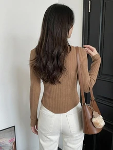 DAZY Maillard Style Contrast Color Patchwork 2 In 1 Slim Fit V-Neck Long Sleeve Knit Base Layer Top For Women, Autumn - Khaki - View 5