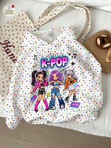 青少年女孩可愛卡通女團印花 K-Pop 超級巨星波點運動衫套裝 - 彩色 - 查看 3