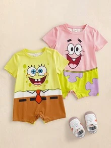 SpongeBob SquarePants | SHEIN Young Girl Cartoon Print Romper - Multicolor - View 1