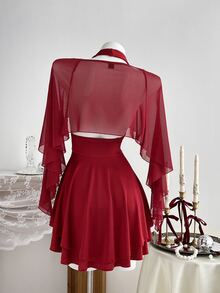 Elamini Set Gaun Mini Seksi Leher V Model Halter Warna Merah Anggur Minimalis untuk Pesta Wanita + Atasan Syal - Burgundy - View 2