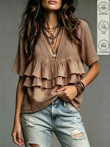 SHEIN Fiorisel Women's Solid Color Deep V-Neck Pleated Casual Versatile Everyday Blouse - Khaki - View 5
