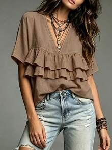 SHEIN Fiorisel Women's Solid Color Deep V-Neck Pleated Casual Versatile Everyday Blouse - Khaki - View 3