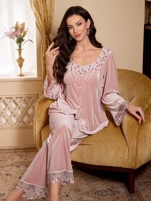 PalaceNights Women's Embroidered Lace Velvet Winter Set - Pink - View 5