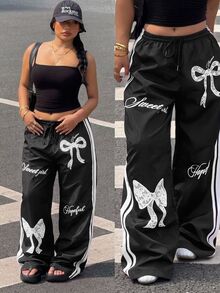 Muchica Plus Size Bow Print Striped Drawstring Waist Loose Pants - Multicolor - View 5