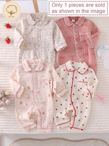 SHEIN Vintaside Kids 新生兒舒適柔軟保暖米色獅子熊貓熊月亮兔子印花領口鈕扣前開長袖連身衣 4件/1 - 彩色 - 查看 2