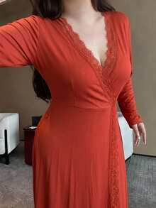 Dazy Plus 大尺碼女款優雅對比蕾絲性感居家中長款睡裙 - 橘色 - 查看 4