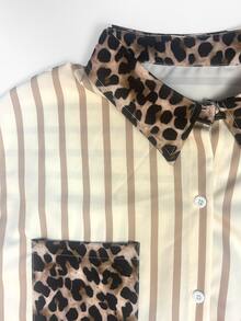 Franclia Women's Plus Size Leopard Print Patchwork Striped Shirt - Multicolor - View 7