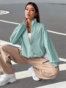 SHEIN EZwear Veste à fermeture éclair avec épaules tombantes pour l'automne/l'hiver - Vert - Voir 5