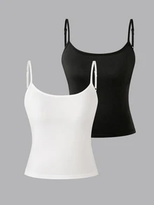 SHEIN Kids Tween Girl Solid Color Knitted Fitted Casual Camisole Tank Top 2pcs Pieces Set - Black and White - View 1