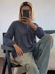 DAZY 女款純色寬鬆短袖圓領百褶休閒度假夏季襯衫上衣 - 藍色 - 查看 7