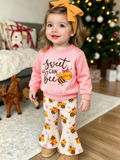 Baby Girl Autumn/Winter Cute Sweet Allover Print Long Sleeve Sweatshirt And All-Over Pattern Flared Pants Set